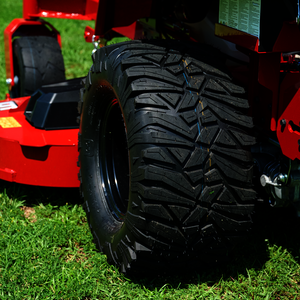 Close up image of one of the rear tires of the Toro Titan mower