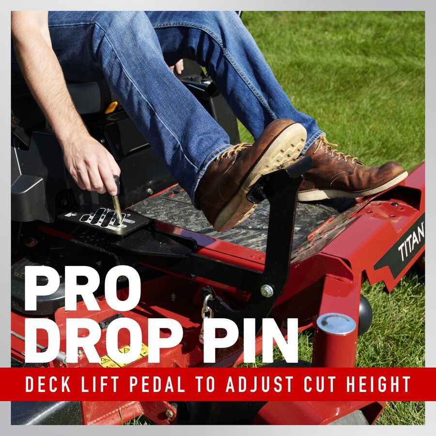 Pro drop pin deck lift pedal to adjust cut height