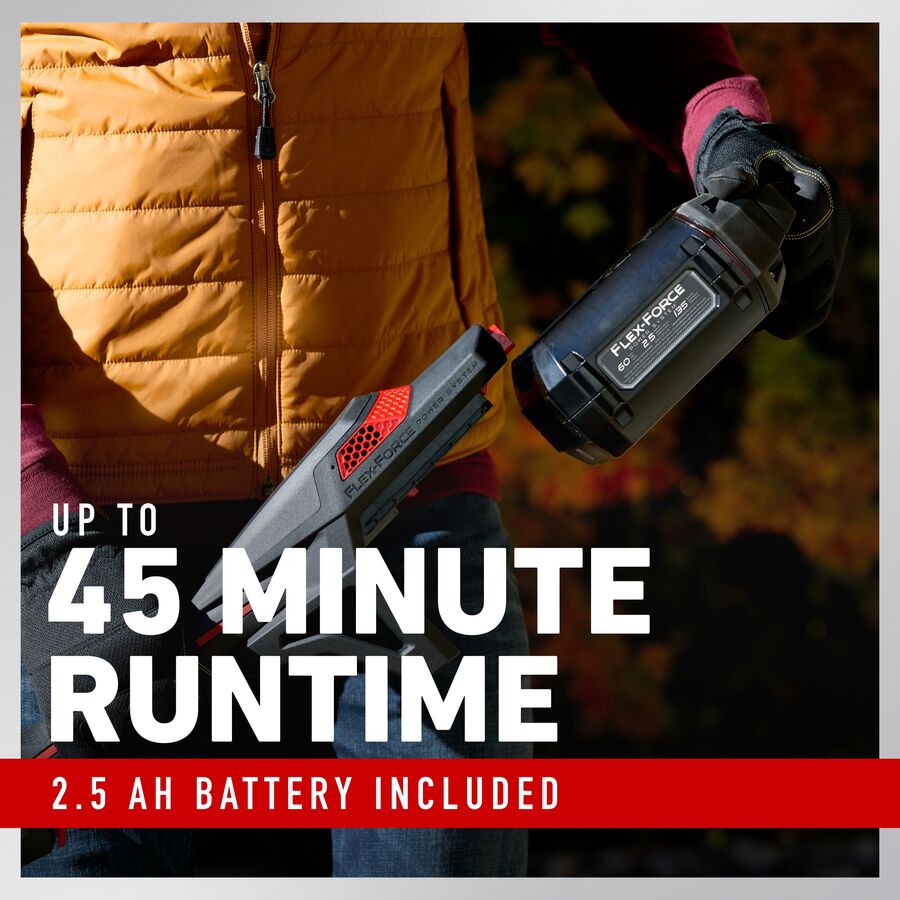 Up to 45 minute runtime 2.5 AH battery included