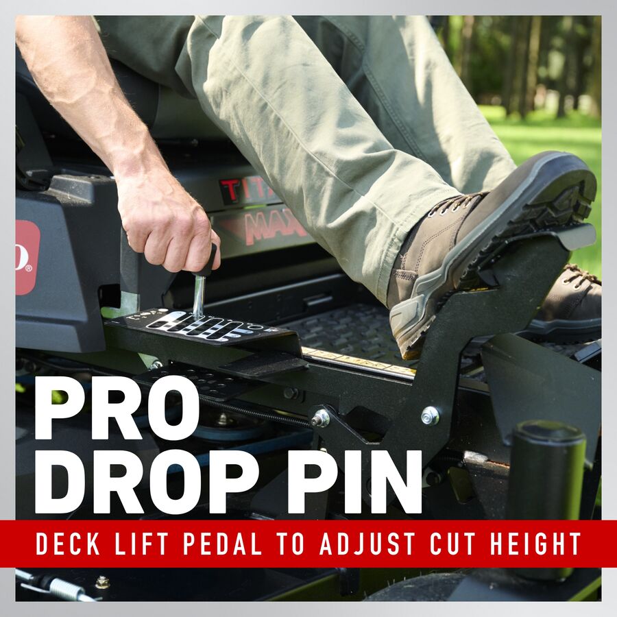 Pro drop pin deck lift pedal to adjust cut height