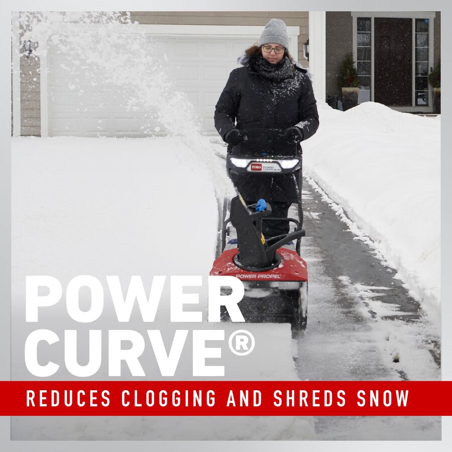 Power Curve reduces clogging and shreds snow