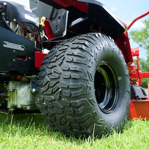 Close up of the rear tire of the zero turn mower