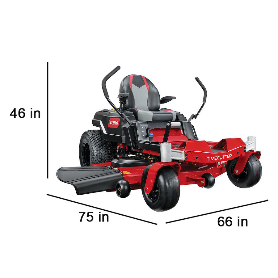 Mower with dimensions - 46 inches high, 75 inches long, 66 inches wide