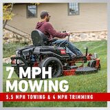 Up to 7 mph mowing, 5.5 mph towing and 4 mph trimming