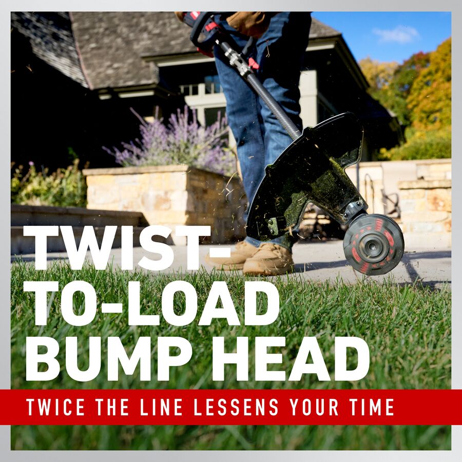 Twist-to-load bump head, twice the line lessens your time.