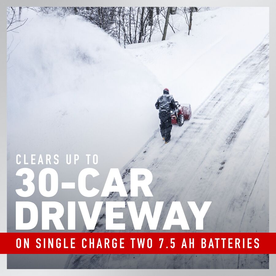 Clears up to 30-car driveway on single charge two 7,5 ah batteries