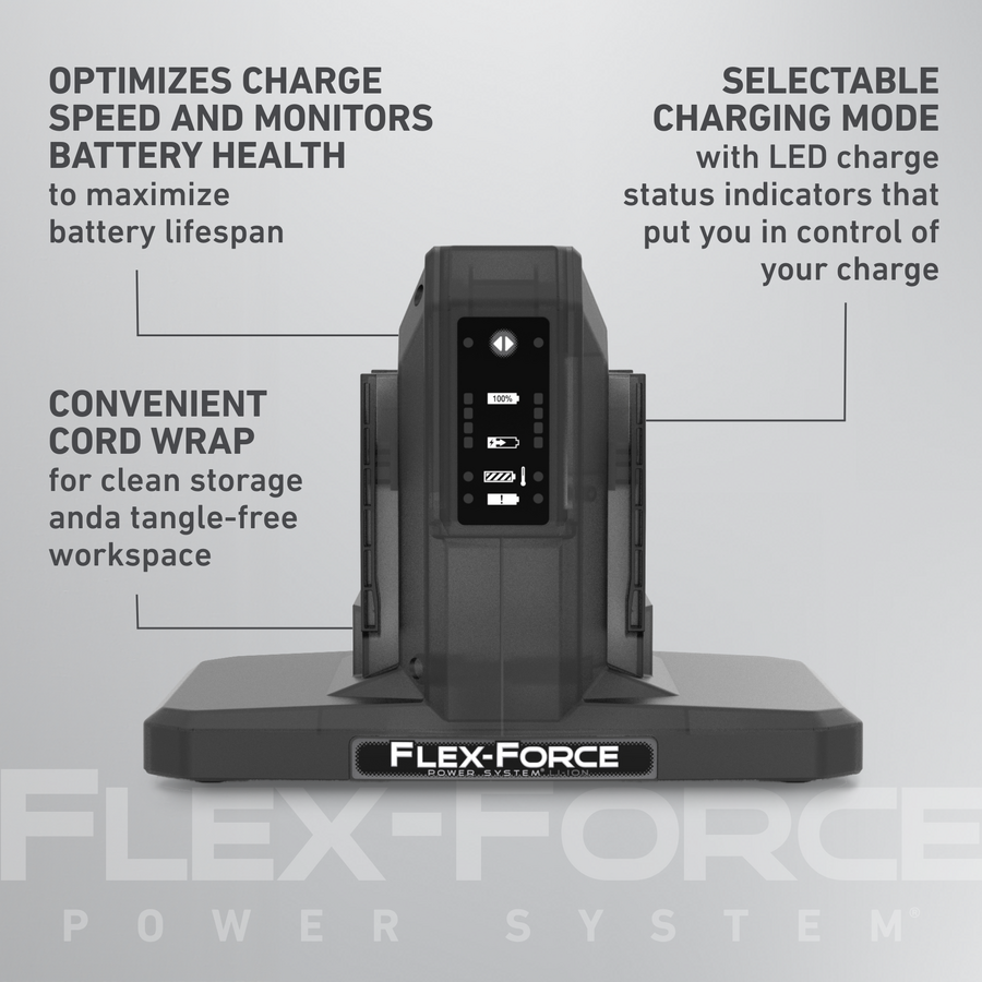 Optimizes charge speed and monitors battery health. Selectable charging mode. Convenient cord wrap.