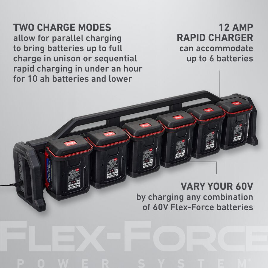 Six Pod Charger - two charge modes allow for parallel charging to bring batteries up to full charge in unison or sequential rapid charging in under an hour for 10 ah batteries and lower.  12 amp Rapid Charger can accommodate up to 6 batteries. Vary your 60V by charging any combination of 60V Flex-Force batteries.