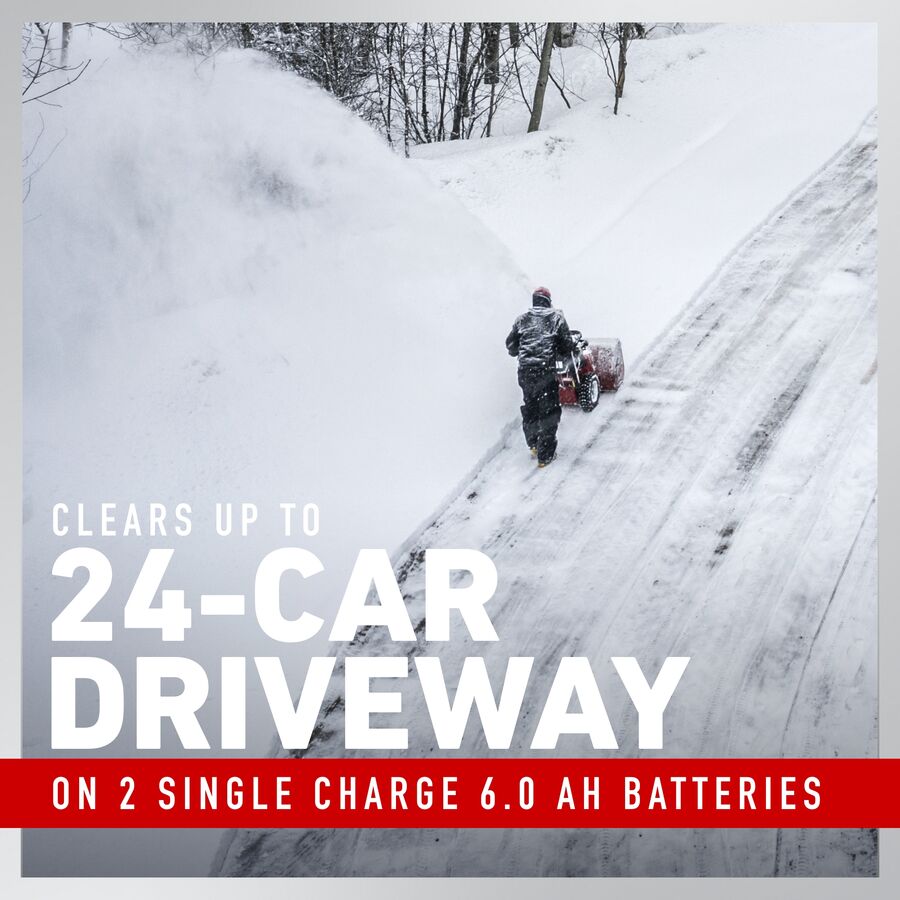 Clears up to 24-car driveway on 2 single charge 6.0 Ah batteries