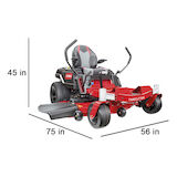Mower with dimensions - 45 inches high, 75 inches long, and 56 inches wide