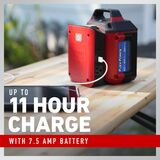 Up to 11 hour charge with 7.5 amp battery