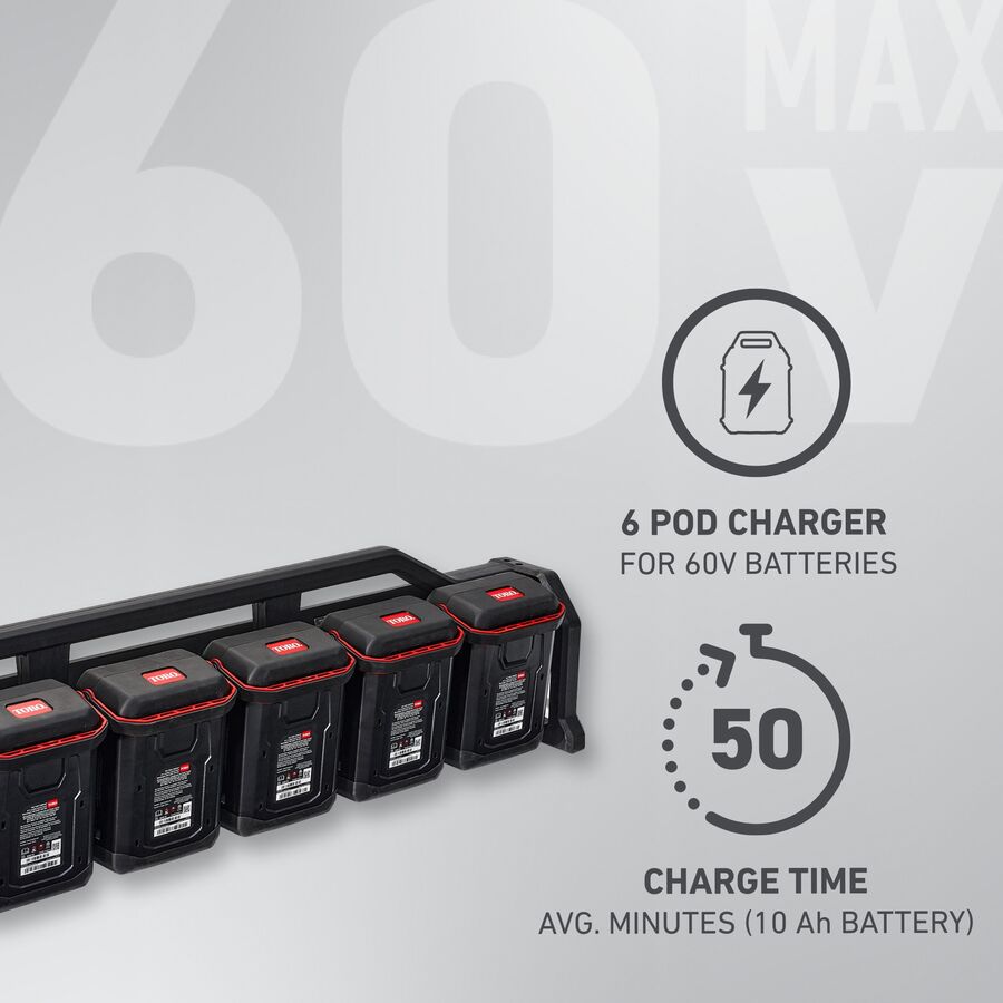 Six Pod Charger - for 60V Batteries; 50 minutes charge time, average minutes (10 Ah Battery)