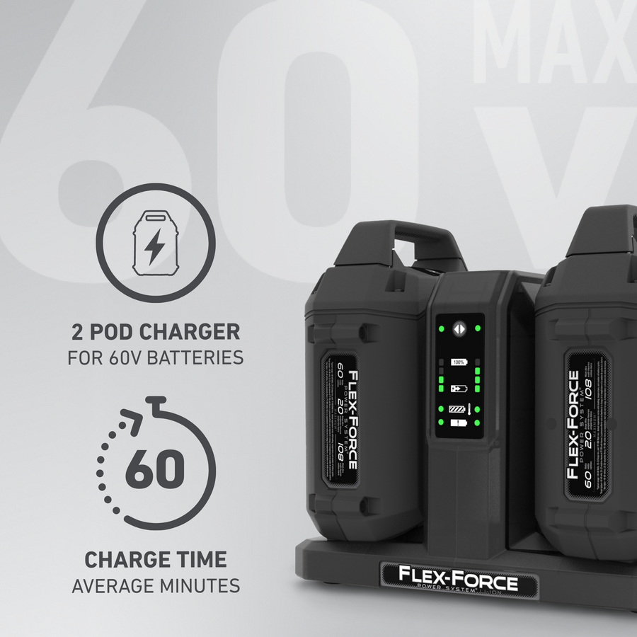 2 Pod Charger for 60V Batteries - 60 minute charge time