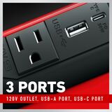 3 ports: 120V outlet, USP-A port, USB-C port