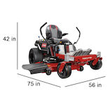 Mower shown with dimensions 42 inches high, 75 inches long and 56 inches wide