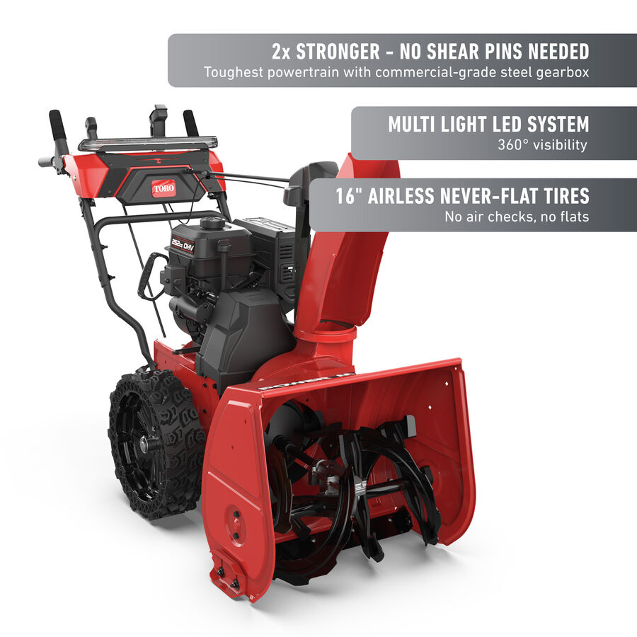 2x stronger - no shear pins needed. Multi Light LED system. 16" airless never-flat tires.