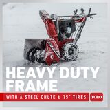 Heavy-duty frame with a steel chute and 15 inch tires