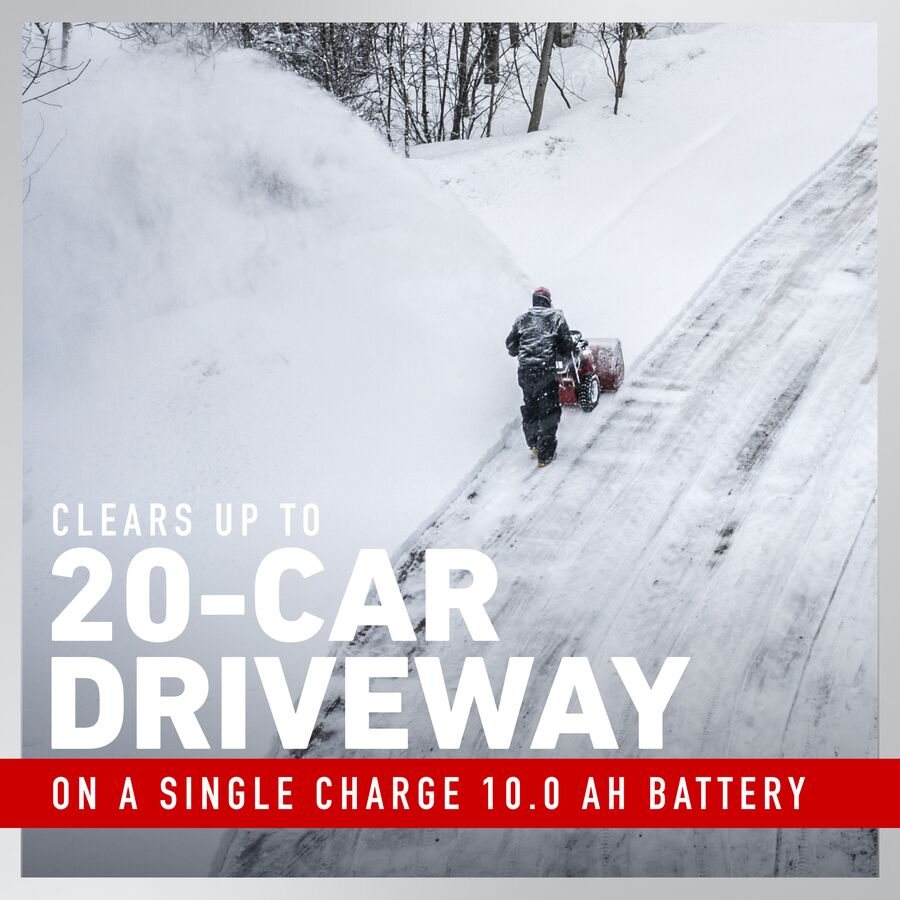 Clears up to 20-car driveway on a single charge 10.0ah battery