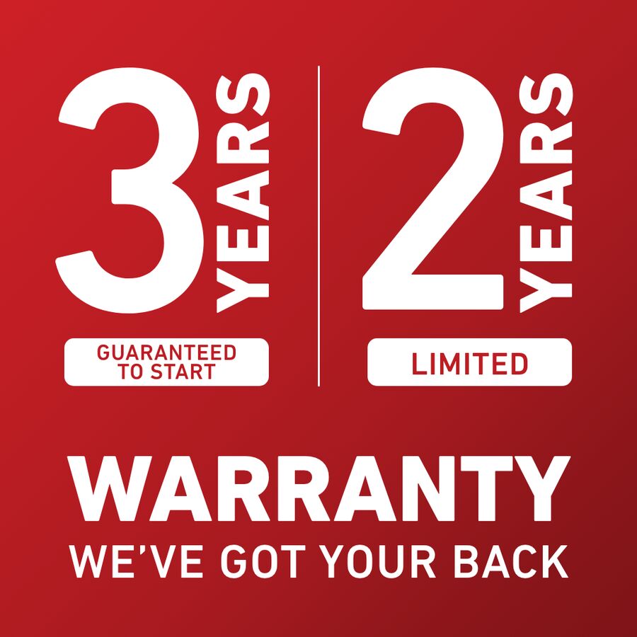3-year guaranteed-to-start; 2-year limited warranty. We've got your back.