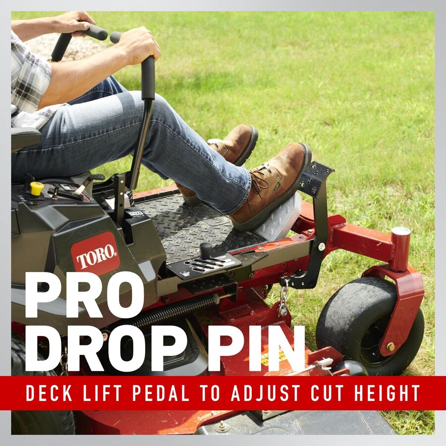 Pro drop pin deck lift pedal to adjust cut height